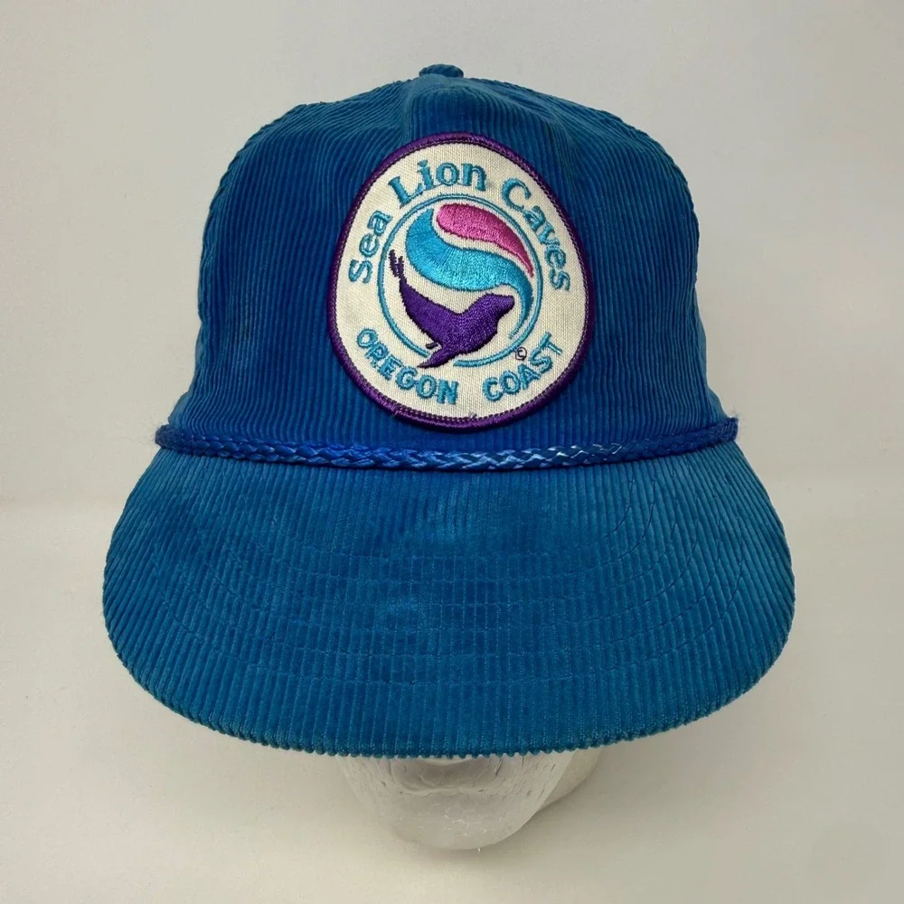 Vintage Sea Lion Caves Oregon Coast Corduroy Snapback Hat Blue Rope Trucker